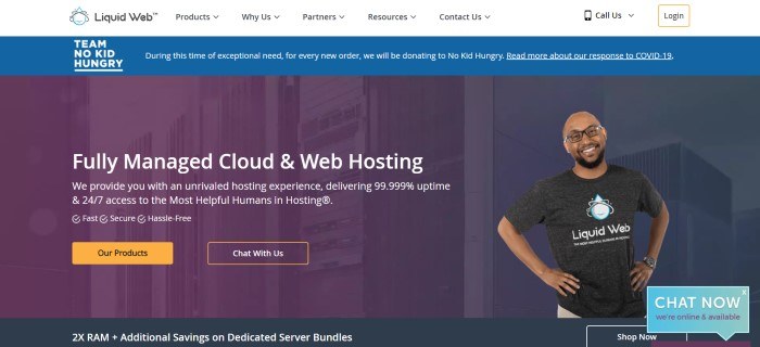 This screenshot of the home page for Liquid Web includes a white navigation bar with black text, a blue announcement bar with white text, and a purple filtered photo of servers behind white text and an inserted photo of a smiling man in glasses and a dark shirt, as well as orange call to action buttons.