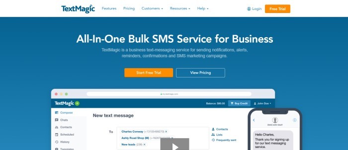 This screenshot of the home page for TextMagic has a white header and navigation bar with blue text and an orange call to action button above a blue main section with white text, orange and blue call to action buttons, and a screenshot demonstrating how the app works on both mobile devices and computer screens.