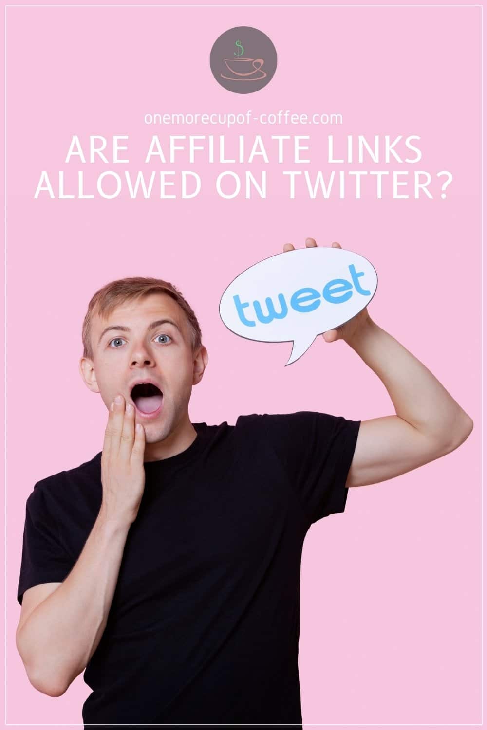 man in black t-shirt against a pink background, holding a cut-out speech bubble icon with the word 'tweet' on it; with text overlay 