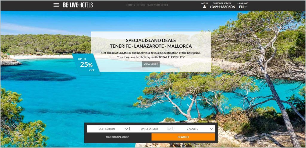 screenshot of Be Live Hotels homepage showcasing an image of the view of the ocean and islands