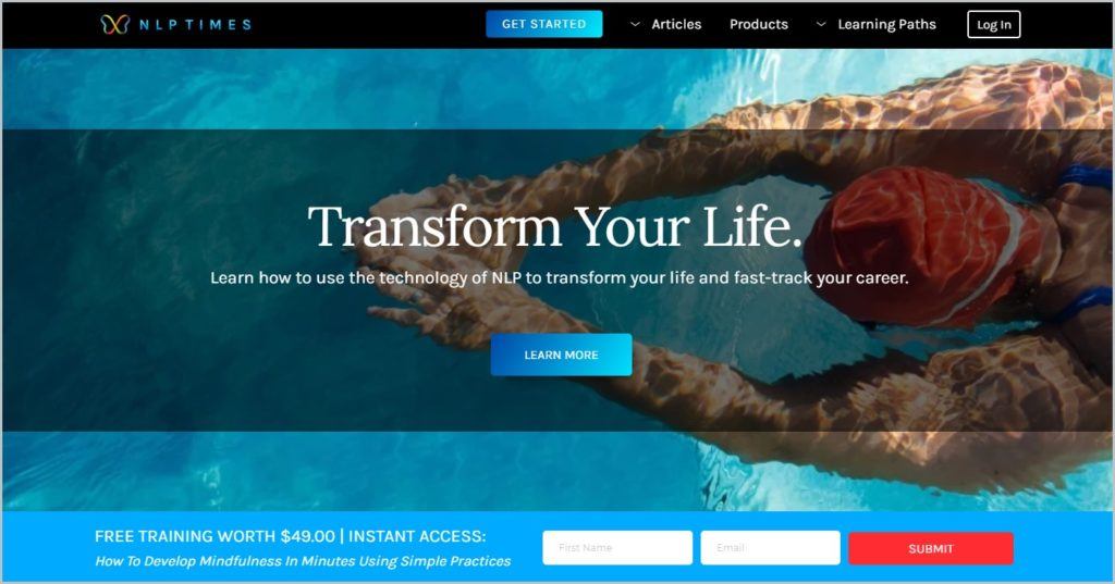 screenshot of NLP Times homepage, with black header with the website's name and main navigational menu, with a top view image of a swimmer in the water