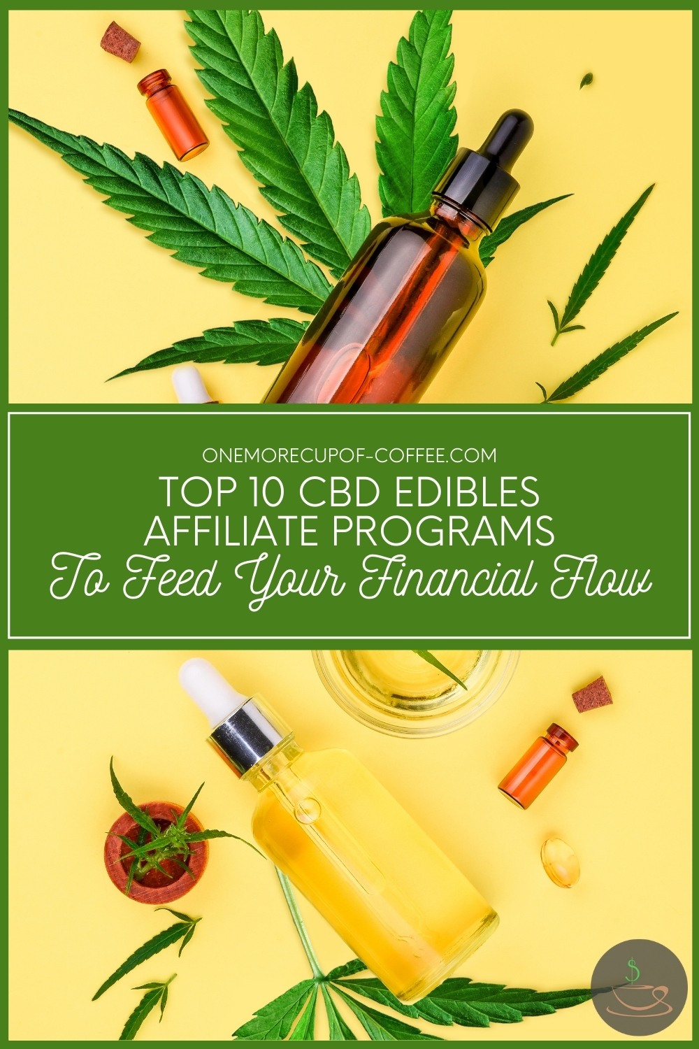 top view image of a clear bottle and colored bottle with dropper on its side, with cannabis leaves and a couple of orange bottle around it; with text overlay in green banner "Top 10 CBD Edibles Affiliate Programs To Feed Your Financial Flow"