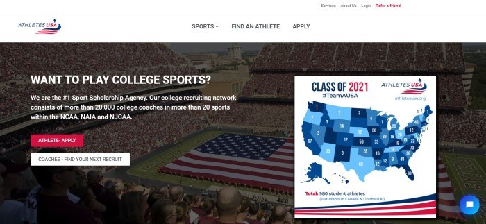 This screenshot of the home page for Athletes USA has a white header and navigation bar with black text above a dark filtered photo of a packed outdoor football arena, behind white text, a red and a white call to action button, and a blue map of the United States on the right side of the page.