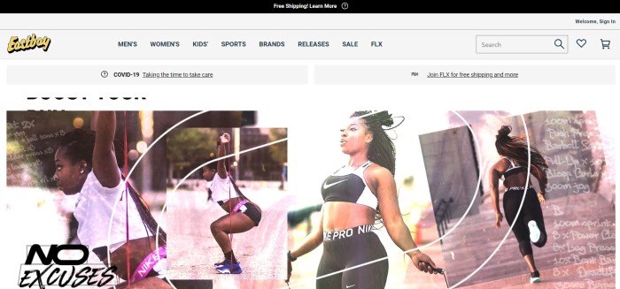 This screenshot of the home page for Eastbay has a dark header, a white navigation bar with black text, and a row of four photos showing a young dark-haired woman using resistance bands, jump roping, and running.