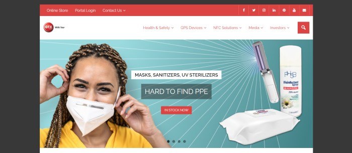 This screenshot of the home page for GTX Corp has a black background surrounding a main section with a red header, a white navigation bar with red text, and a photo of a smiling woman in a white face mask and yellow shirt on the left side of the page in front of an aqua background with sterilizers, sanitizers, and other safety products on the right side and a red call to action button in the middle of the page.