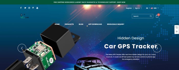 This screenshot of the home page for ICAR has a dark green header above a main section with a teal background behind a photo of a car GPS tracker, along with white text and a graphic of a black car.