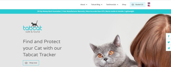 This screenshot of the home page for My TabCat has a white navigation bar, an aqua announcement bar, and a gray main section with a black and aqua logo, along with a photo of a gray cat with golden eyes on a woman's shoulder, and black text above a transparent call to action button with an aqua outline.