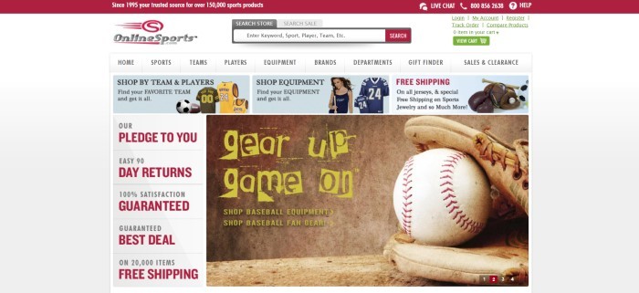 This screenshot of the home page for Online Sports has a red header, a white background with a search bar and navigation bar, a row of light blue advertisements with photos of various sports gear and apparel, a column on the left side of the page with red and black text showing perks, and a brown photo on the right side of the page showing a closeup of a baseball and mitt behind yellow text.