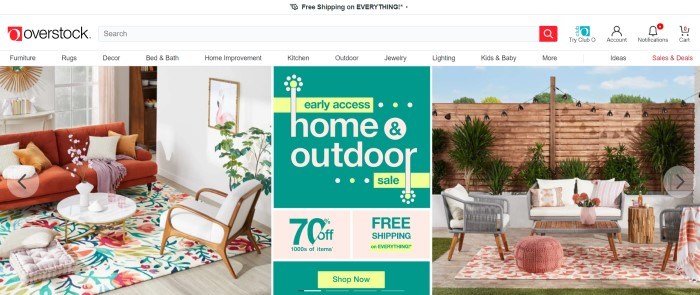 This screenshot of the home page for Overstock has a white header, navigation bar, and search bar above a main section with a photo of a well-furnished living room on the left side of the page, a well-furnished patio on the right side of the page, and a green and yellow graphic section in the center of the page.