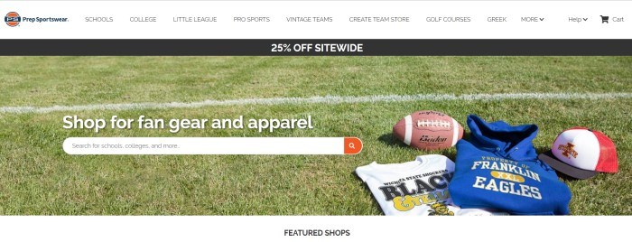 This screenshot of the home page for Premier Events has a white navigation bar, a black sales bar, and a photo of a football field with a football, a gray tee shirt, and a blue hoodie with team logos on them lying on the grass, as well as a search bar and white text.