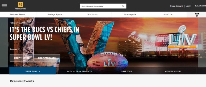 This screenshot of the home page for PrimeSports has a black header and search bar, a white navigation bar with black text, and a multicolored Superbowl announcement featuring a distant photo of a sports arena and a closeup of a football, with white text and transparent call to action but