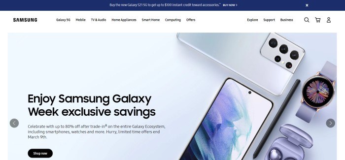 This screenshot of the home page for Samsung has a blue announcement header above a white navigation bar, along with a gray main section with photos of Samsung devices on the right side of the page and black text with a black call to action button on the left side of the page.