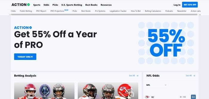 This screenshot of the home page for The Action Network has a light gray header and background, black text in the navigation bars, and black and blue text in the white main section, along with a blue call to action button, and a row of two photos showing football players in helmets.