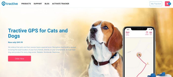 This screenshot of the home page for Tractive has a white navigation bar with a blue logo above a main section that includes a photo of a brown and white dog wearing a Tractive device on its collar next to a GPS screen on a mobile device on the right side of the page and blue text on the left side of the page.