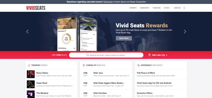 This screenshot of the home page for Vivid Seats has a dark header, a white navigation bar with dark text, and a dark filtered photo collage behind an image of two mobile phones showing screens from Vivid Seats, as well as white and gold text, a gray call to action button, a red search bar, and three columns of links for customers to browse through.