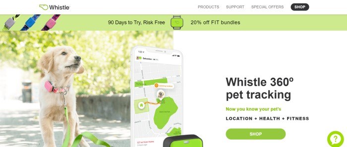 This screenshot of the home page for Whistle has a white header and navigation bar above a green announcement bar including three photos of Whistle products, above a photo on the left side of the page of a yellow puppy wearing a pink collar on a road near a large tree, along with a mobile device showing a screen with a GPS tracking the dog in the center of the page, and black text and a green call to action button on a white background on the right side of the page.