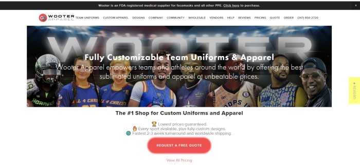 This screenshot of the home page for Wooter has a black header, a white navigation bar, and a photo of several people in various team uniforms behind white text, above a white text section with black lettering and a red call to action button.