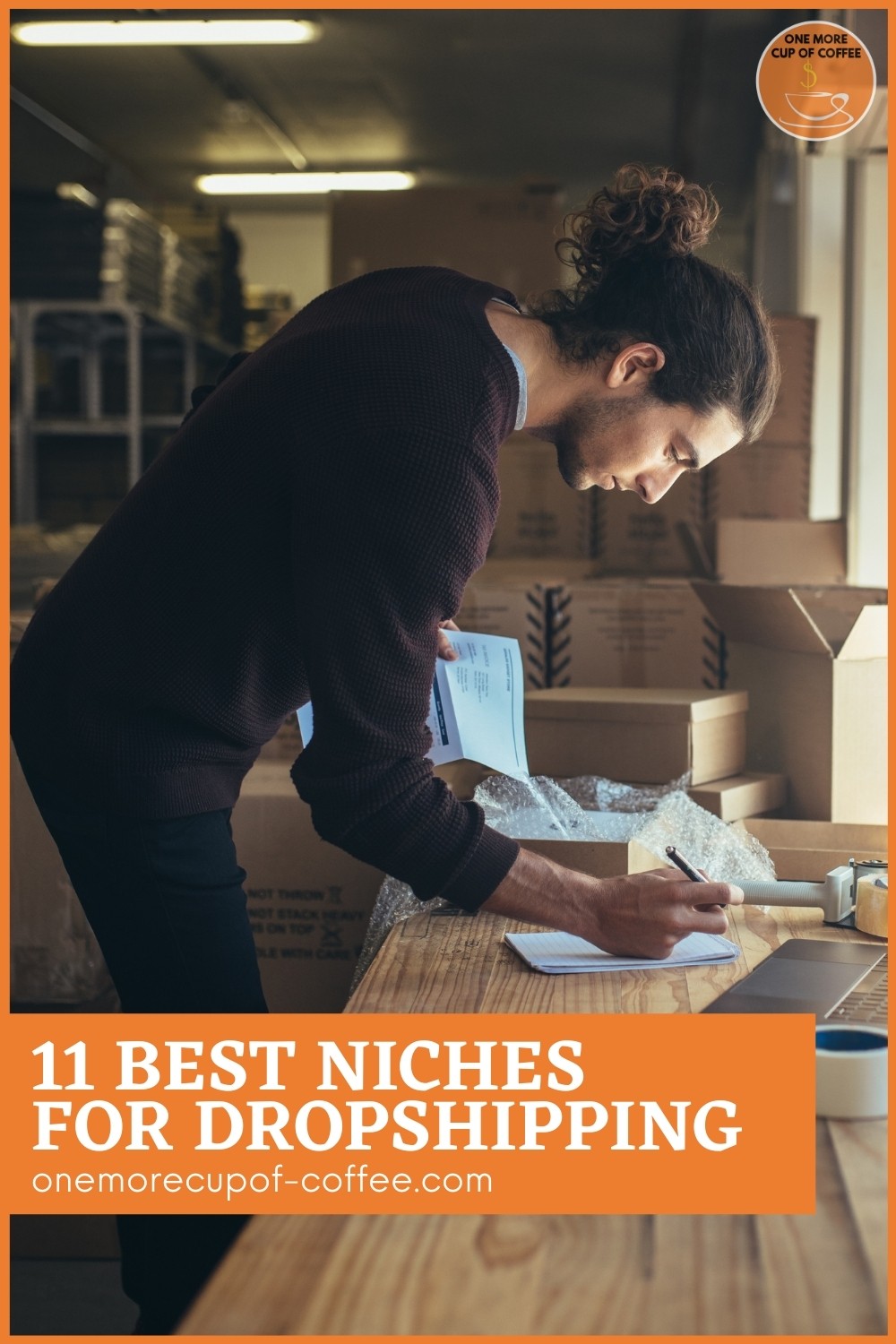 man standing in front of his work desk fulfilling orders, with pile of brown boxes at the background; with text overlay "11 Best Niches For Dropshipping"