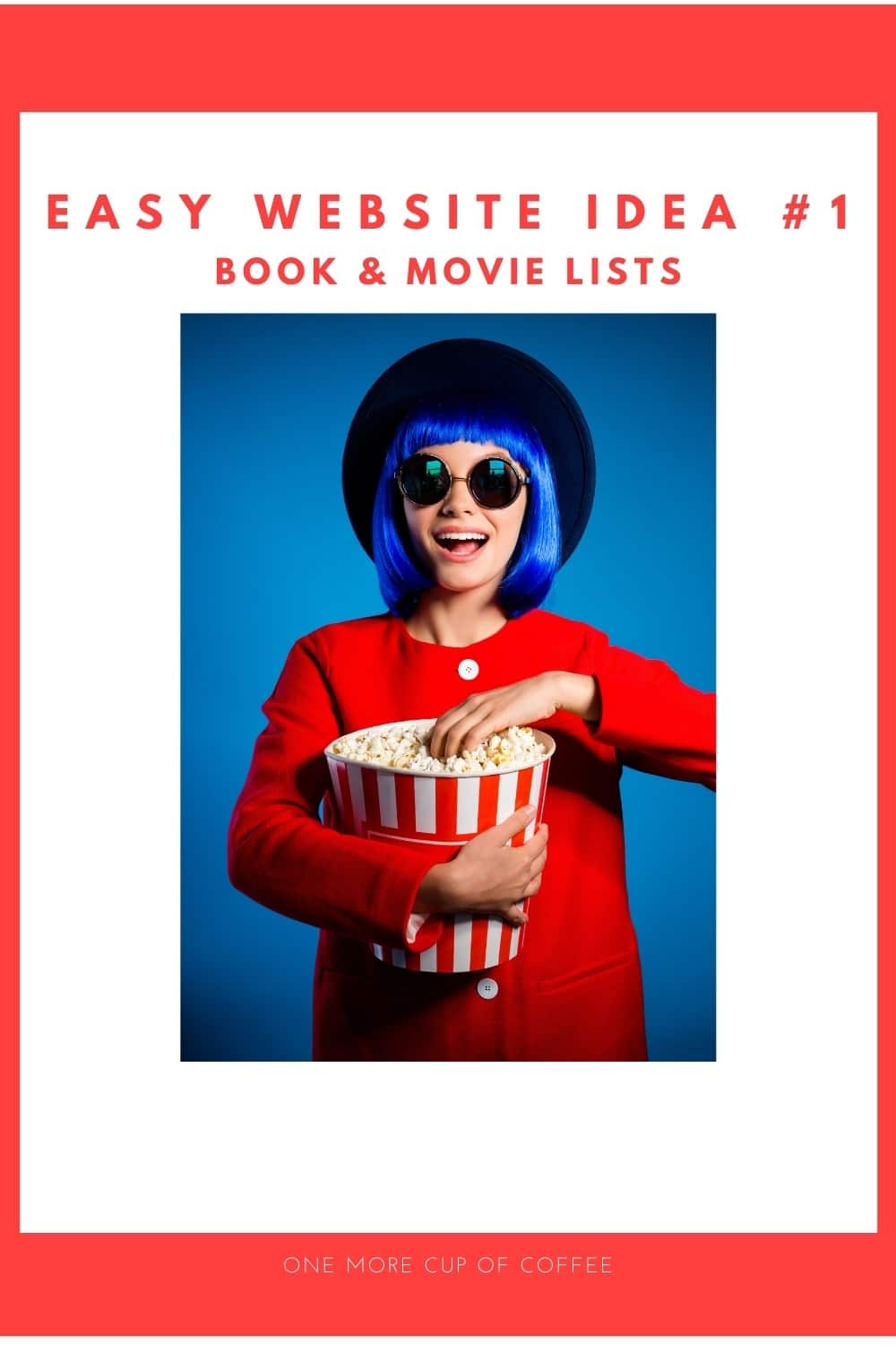 woman in red dress and blue hair eating movie popcorn