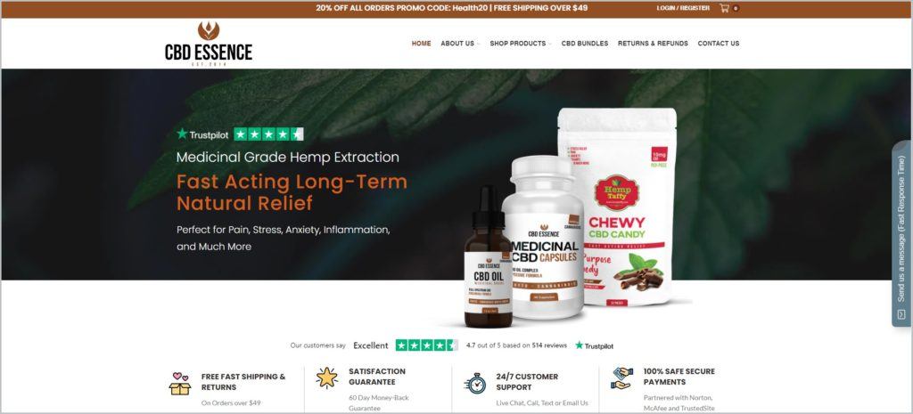 screenshot of CBD Essence homepage showcasing some of their products