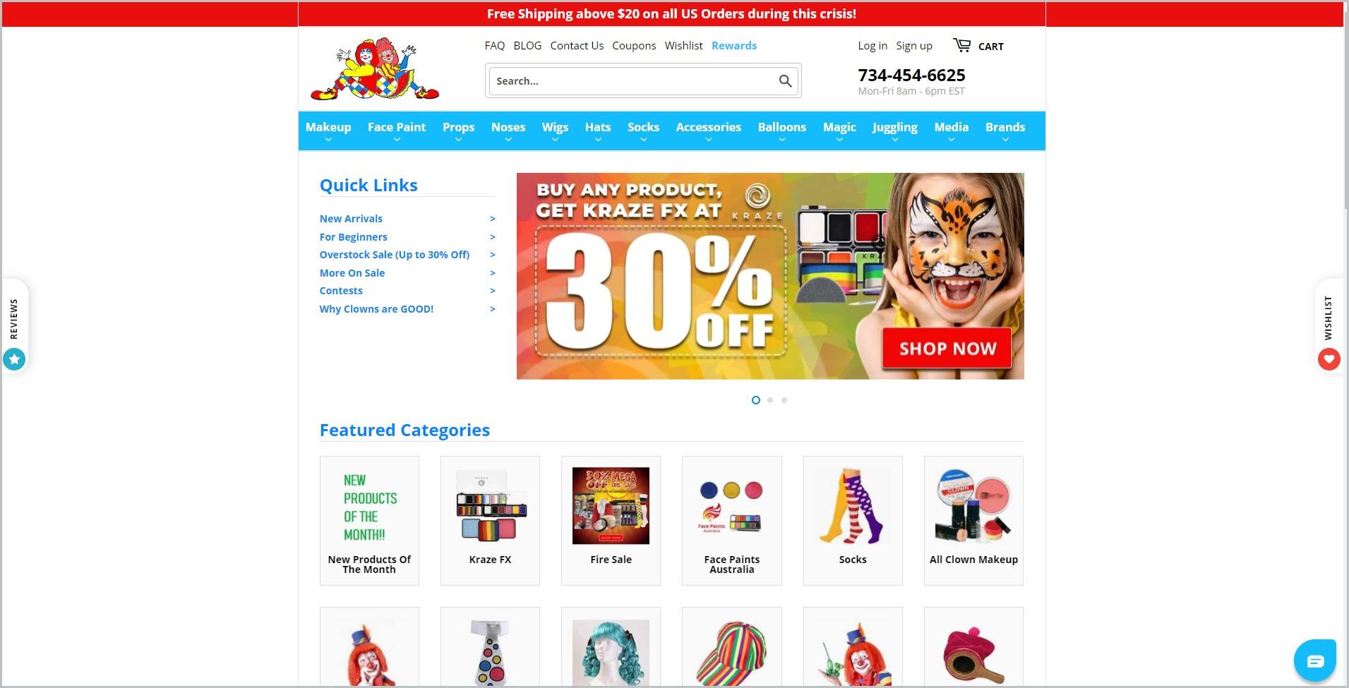 screenshot of ClownAntics.com homepage, showcasing clown supplies products