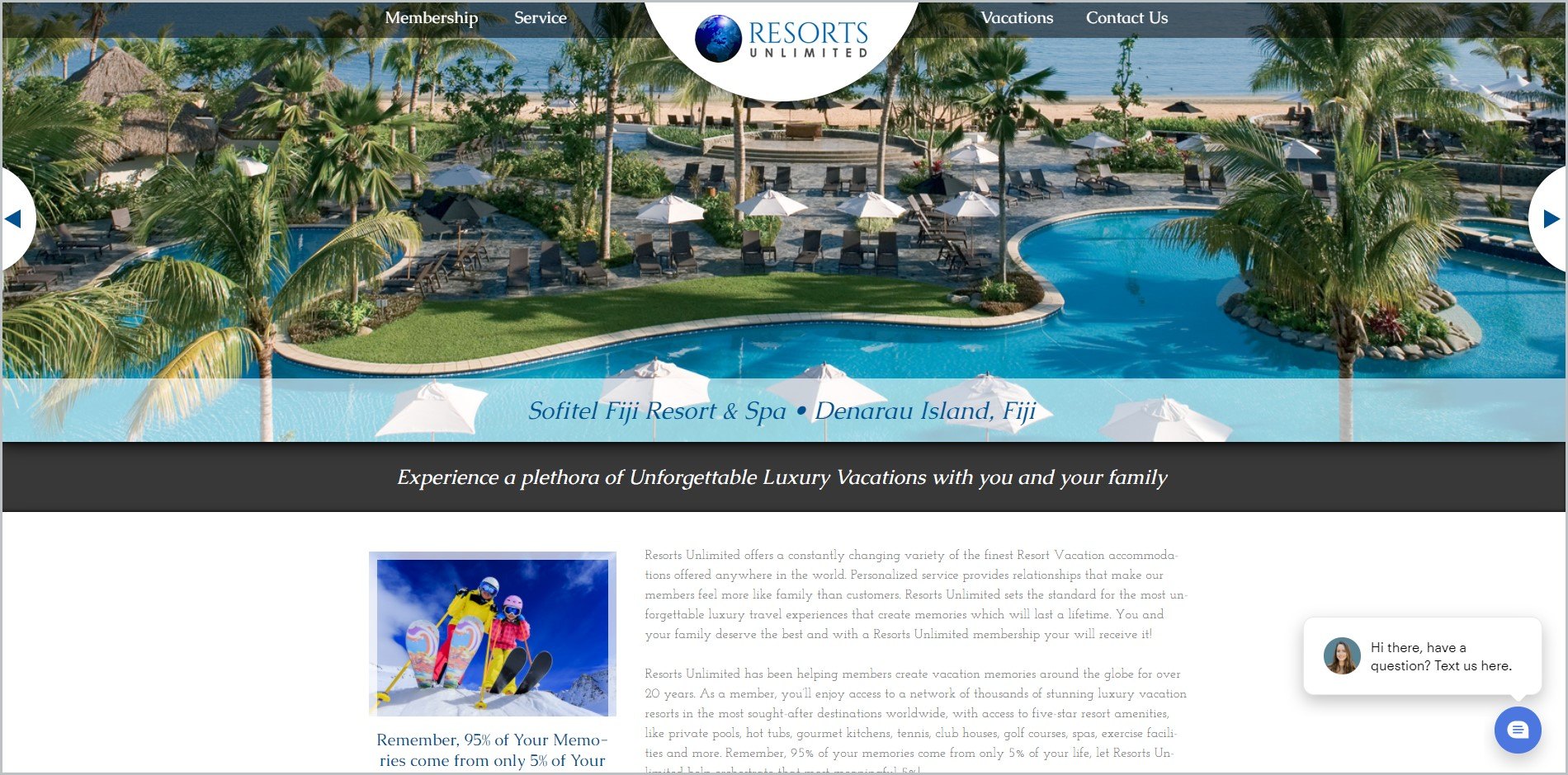 screenshot of Resorts Unlimited homepage, with black header bearing the website's name and main navigation menu