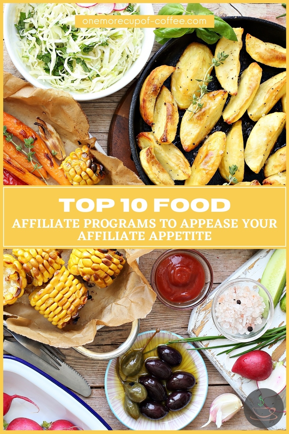 top view image of a spread of different food and dishes; with text overlay on a yellow banner "Top 10 Food Affiliate Programs To Appease Your Affiliate Appetite"