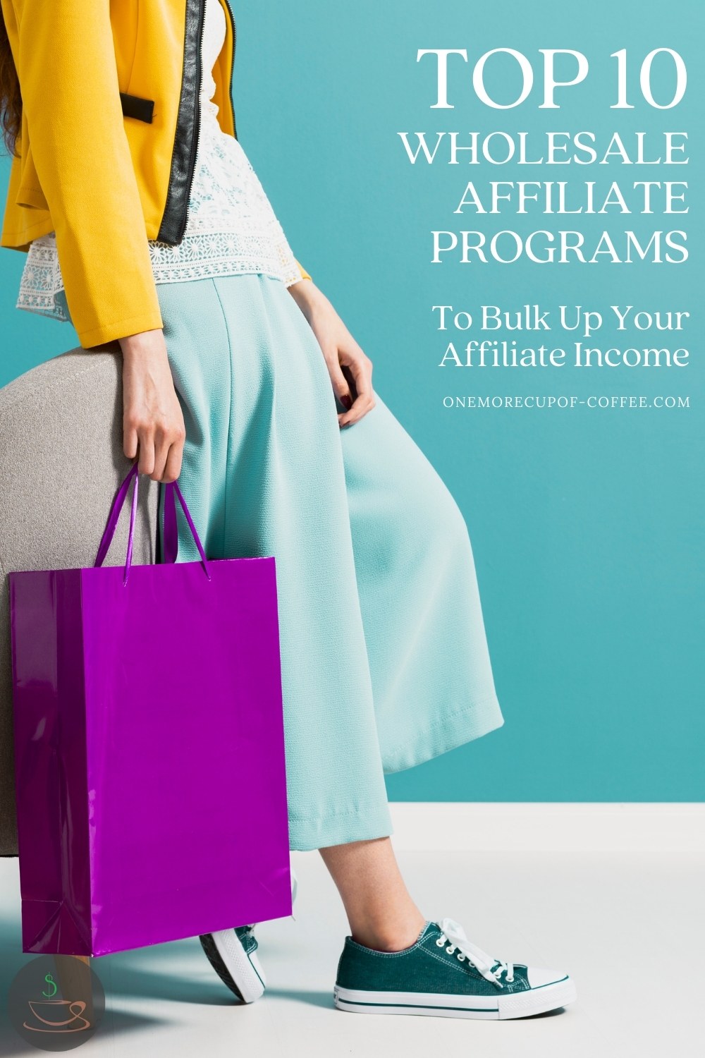 cropped image of a woman in sky-blue square pants, lacy white top and yellow jacket with black lining and blue sneakers, propped on a chair's back holding a purple shopping bag; with text overlay 