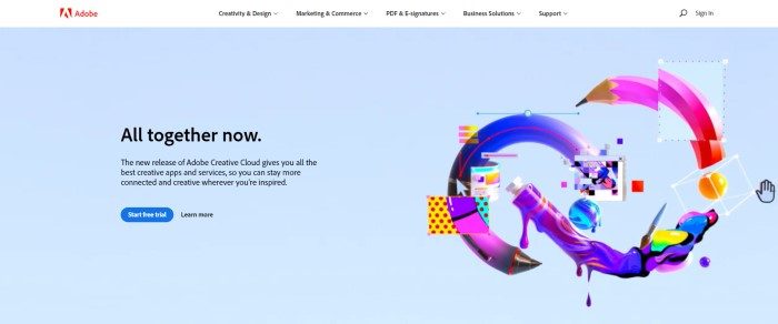 This screenshot of the home page for Adobe has a white header with black text and a red logo above a light blue main section with graphics showing how to use the program on the right side of the page and black text with a blue call to action button on the left side of the page.