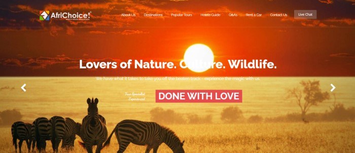 This screenshot of the home page for AfriChoice shows a small herd of zebras on a golden savannah, below a red filtered section showiong a sunset, along with white text and a red call to action button.