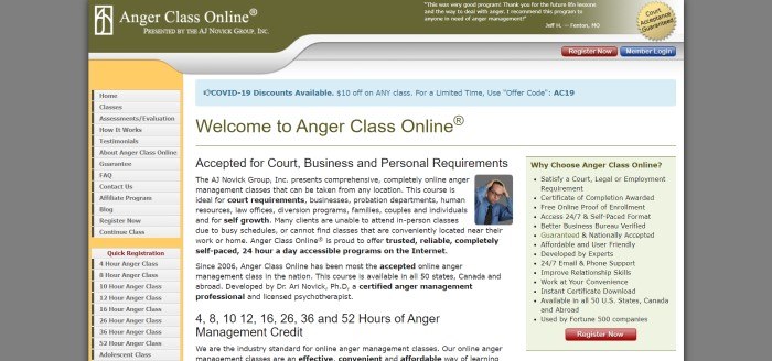 This screenshot of Anger Class Online has a dark gray background, an olive green header, a gray link column with a gold background on the left side of the page, a blue announcement section in the white main section, a white text section with black text, and a green text window with black text on the right side of the page.