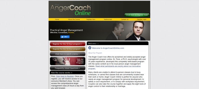 This screenshot of the home page for The Anger Coach Online has a dark header, a gold navigation bar with black text, a dark-filtered announcement bar with a photo on the right side showing a man yelling and then calm, above a white main text section with text in black and blue and a product column on the left side of the page with buttons in red, gold, and gray.