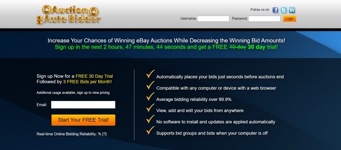 This screenshot of the home page for Auction Auto Bidder has a gray header with a gold logo above a blue announcement section with white and green text and a black main section with white and yellow text, an opt-in window on the left side of the page, and a checklist on the right side of the page.