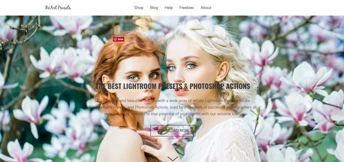 This screenshot of the home page for BeArt-Presets has a white navigation bar with black text above a photo of two beautiful models standing close together in front of a background of pink flowers, along with black text and a transparent call to action button.