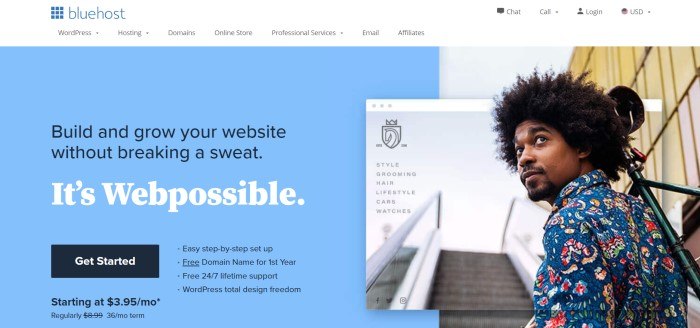 This screenshot of the home page for Bluehost has a white navigation bar with a blue logo above a light blue main section on the left side of the page with blue and black text and a black call to action button, and a photo of a dark-skinned man with curly black hair and a multicolored shirt near a picture of an escalator on the right side of the page.