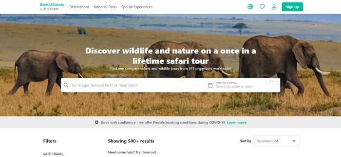 This screenshot of the home page for BookAllSafaris has a photo of three elephants on a savannah behind white text and a white search bar, with a white navigation bar at the top and a green call to action butt