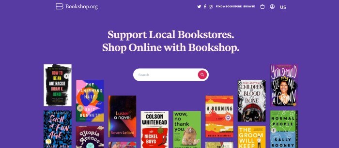 This screenshot of the home page for Bookshop has an indigo background, white text, and a white search bar above several images of book covers near the bottom of the page.