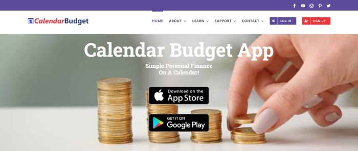 This screenshot of the home page for CalendarBudget has an indigo header, a white search bar, and a large photo of a hand stacking gold coins behind white text and two black call to action buttons.