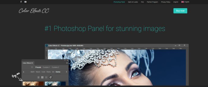 This screenshot of the home page for Color Effects CC has a black navigation bar and main background with text in white and aqua, along with an aqua call to action button and an image showing two screens using the Color Effects CC tools to modify a photo of the face of a beautiful woman wearing a rhinestone headdress with white feathers.