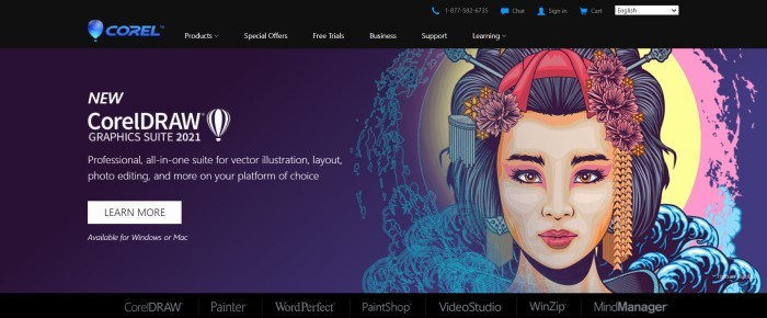 This screenshot of the home page for Corel has a black header with white text and a blue logo above an indigo main section with a graphic of an Asian woman's face on the right side of the page and white text with a white call to action button on the left side of the page.