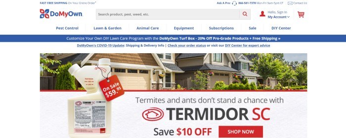 This screenshot of the home page for DoMyOwn has a white header and search bar with blue text and a blue and red logo above a blue announcement bar, a white announcement bar, and a main section with a photo showing a row of houses behind termite poison in a white jar, as well as red and black text and a red call to action button.