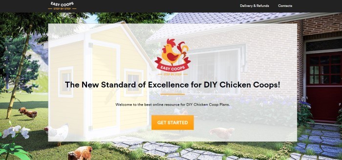 This screenshot of the home page for Easy Coops has a black header with white and gold text above a photo of a yellow chicken house in the back yard of a brick house with tall trees, as well as a filtered section with black text, a gold and red logo, and an orange call to action button.