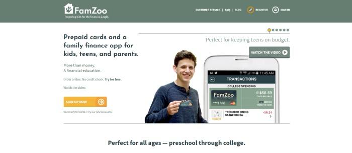 This screenshot of the home page for FamZoo has a green navigation bar with white text above a white main section with a photo of a smiling teenage boy holding a FamZoo card in the center of the page, a mobile device with the FamZoo app open on it on the right side of the page, and black and green text with a yellow call to action button on the left side of the page.