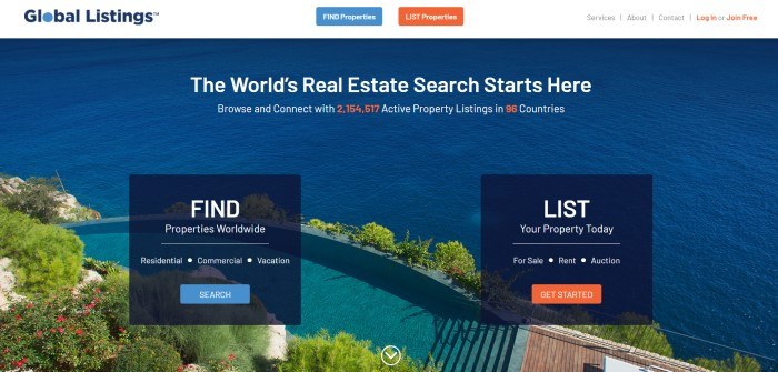 This screenshot of the home page for Global Listings shows an image of a beautiful path with flowers and greenery near the ocean behind white and orange text and two dark-filtered windows with white text and blue and orange call to action buttons.