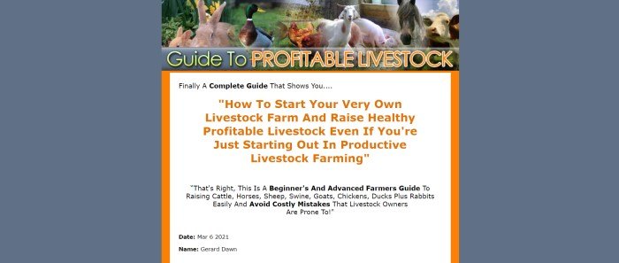 This screenshot of the home page for Guide To Profitable Livestock has a slate blue background on both sides of a main section with a header showing a variety of farm animals above the title of the book in yellow and orange, above a white text section with orange borders and orange and black text.