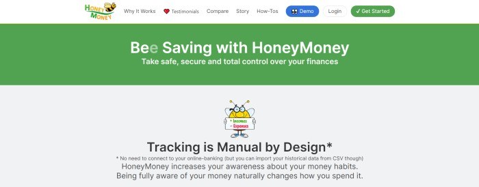 This screenshot of the home page for HoneyMoney has a white navigation bar with blue, white, and green call to action buttons above a green announcement bar with whtie text and a light gray main section with black text and a graphic arts bee.