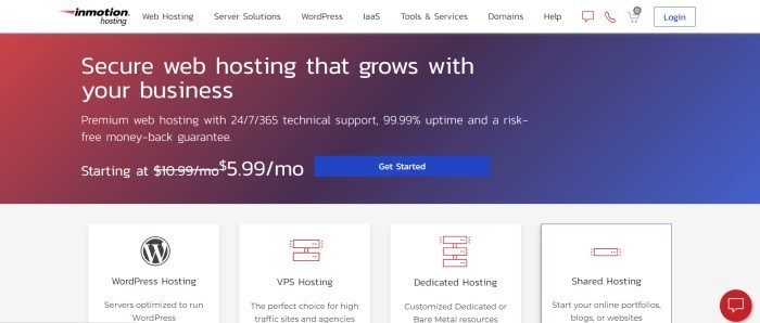 This screenshot of the home page for InMotion Hosting has a white navigation bar above a red-to-blue gradient section with white text and a blue call to action button, above a row of white product boxes with graphic icons and black description text.