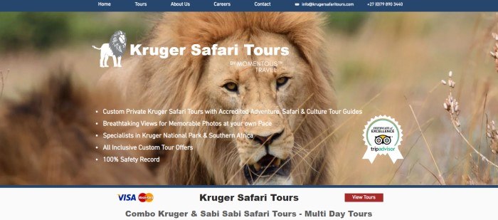 This screenshot of the home page for Kruger Safari Tours has a close-up picture of a lion behind white text and below a blue navigation bar with white text.