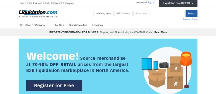 This screenshot of the home page for Liquidation.com has a white navigation bar, a gray announcement bar, and a white background with a light blue main section featuring graphic representations of consumer goods and cardboard boxes on the right side of the page, with blue and white text and a blue call to action button on the left side of the page.