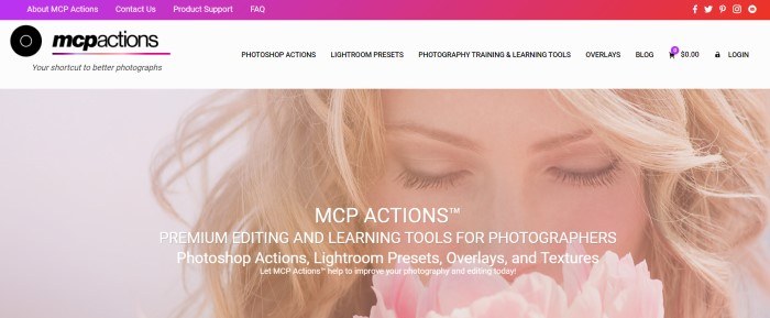 This screenshot of the home page for MCP Actions has a purple-to-red gradient navigation bar above a white navigation bar with black text, followed by a photo of the face of a beautiful blonde woman holding a pink flower to her nose, behind white text.